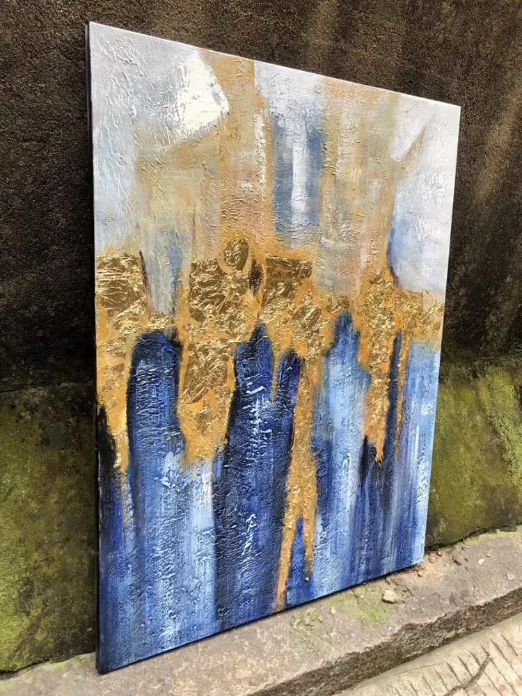 
100% handpainted abstract modern oil painting on canvas grey blue gold foil artwork wall art for home hotel decora wholesaler 