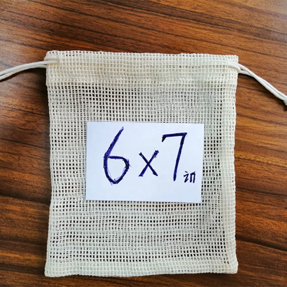 eco friendly Reusable cotton mesh Drawstring Bag Shopping Mall Fruit Vegetable Produce 100% organic cotton mesh bag