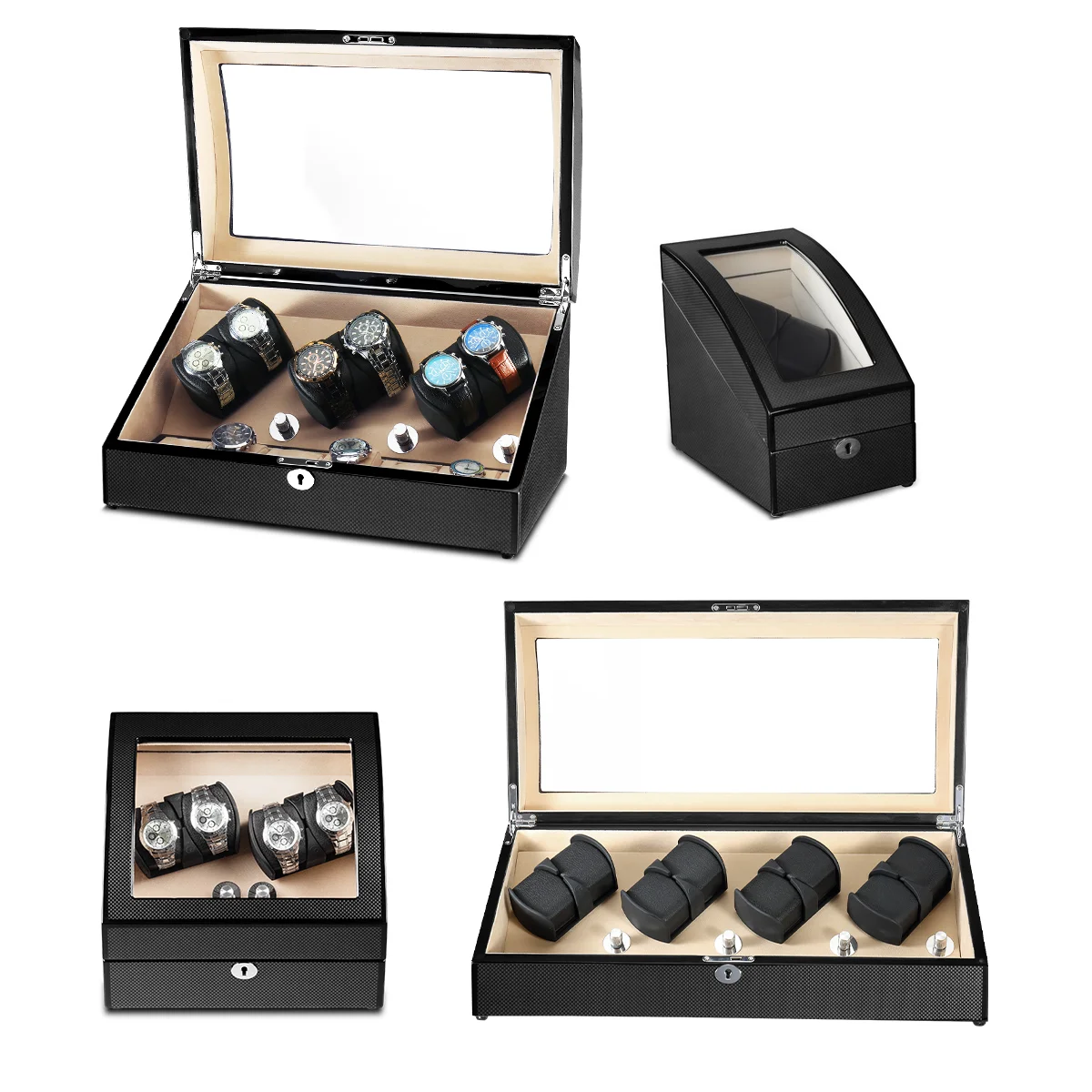Wooden Rotating Watch Case 4 Rotation Modes Setting Display Box with LED Light Battery Operated