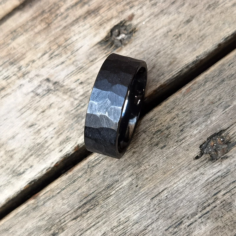 Tizi Jewelry Tungsten Titanium Rings Handmade Faceted Black Zirconium Ring for Men Hammered Mens Wedding Bands