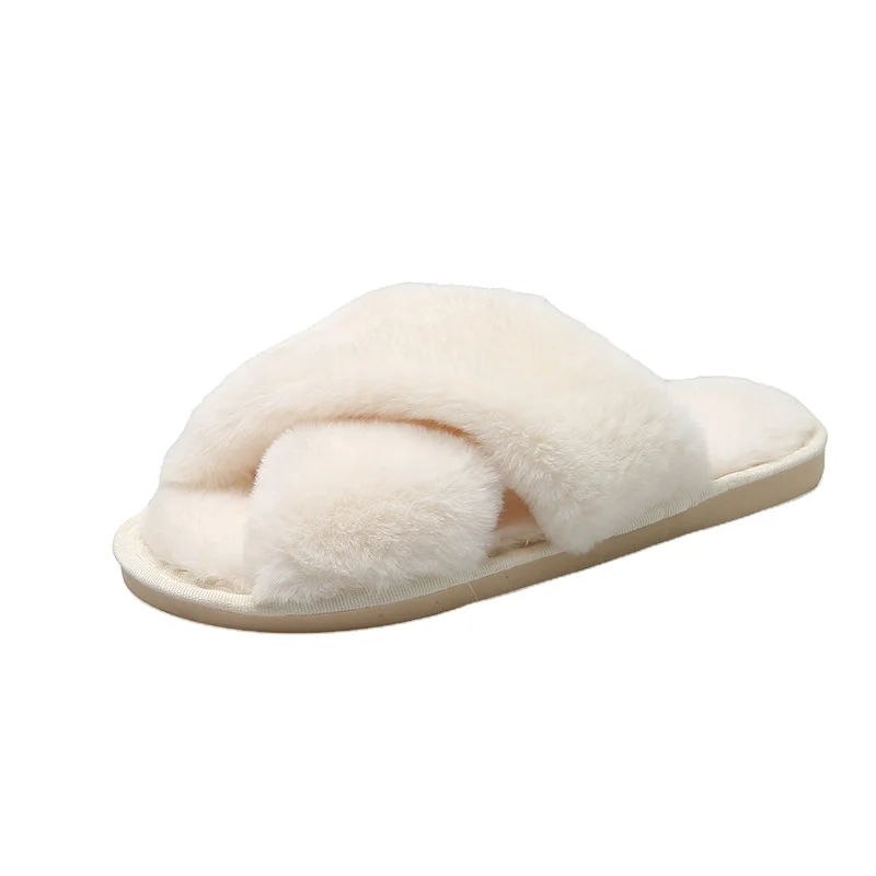 Custom Winter Fashion Simple Home Soft Bottom Women Fluffy Slippers Fur Fluffy Indoor House White Slippers