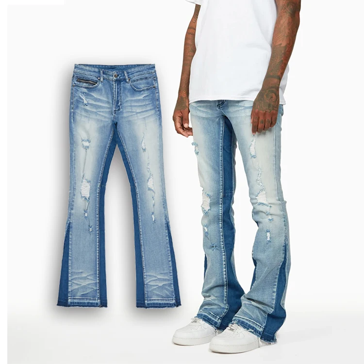 huili factory manufacture heavyweight vintage distressed baggy jeans custom carpenters contrast color flare ripped men jeans