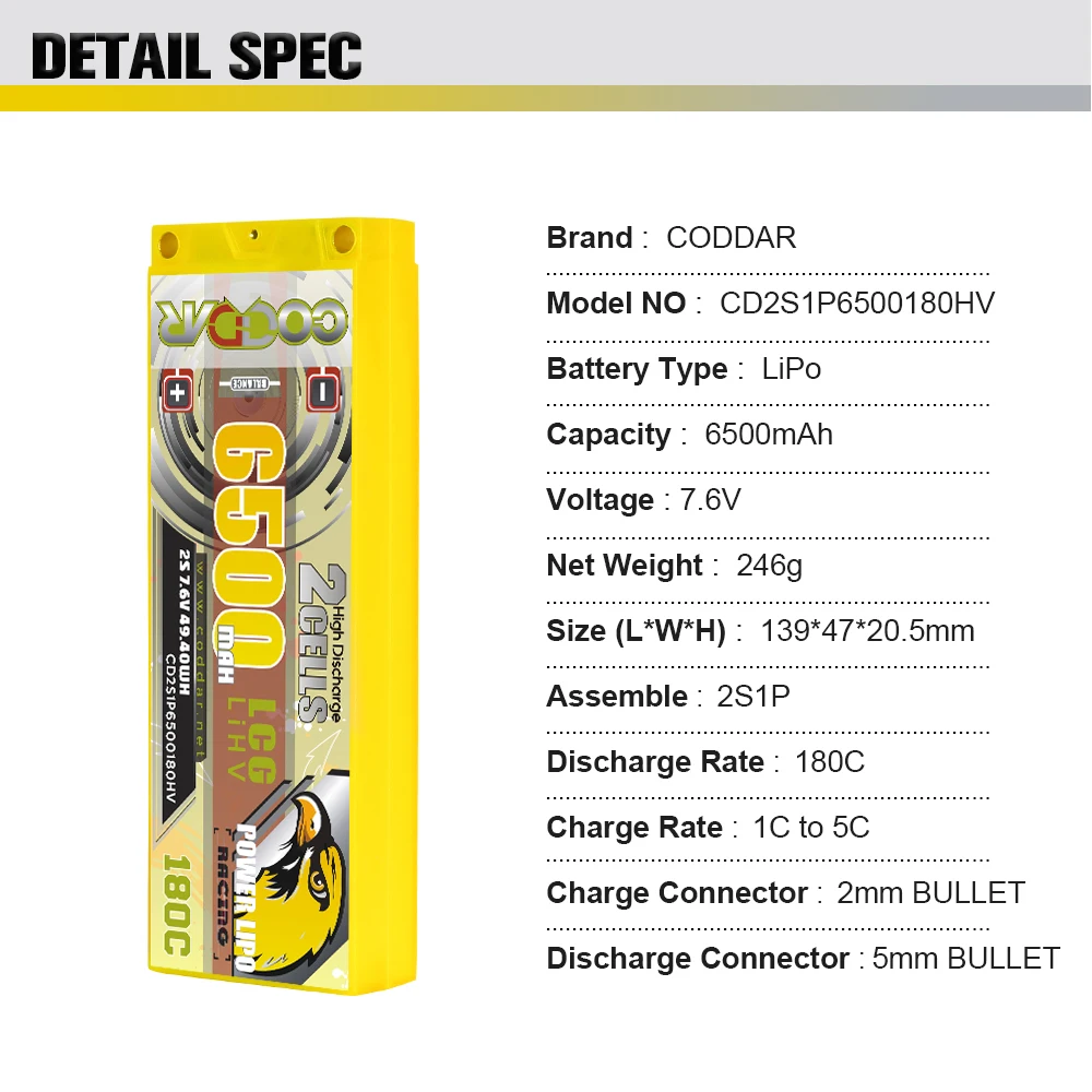 CODDAR 2S1P 6500MAH 7.6V 180C LiHV Hard Case 5mm Bullet Stick Pack 1/10 Scale RC Cars Boats LCG RC LiPo Battery