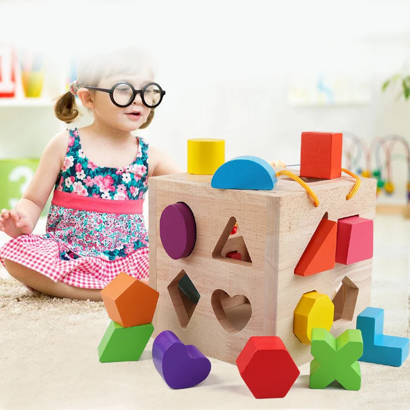 Wood Geometric Shape Blocks and Sorter Sorting Cube Box  Building Blocks Puzzles Educational Toys For Toddler Preschool Children