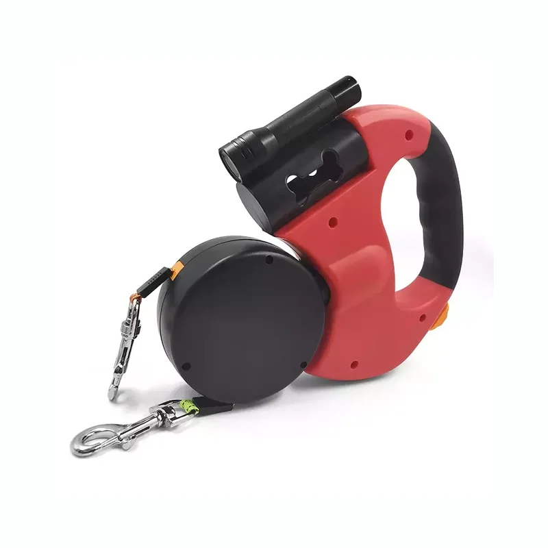 Outdoor Automatic Retractable Double Dog Leash Extendable Pet No Tangle Leash with Led Light and Poop Bag Dispenser