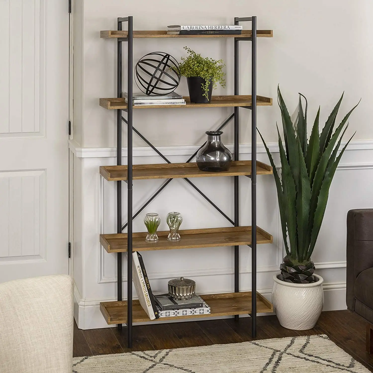 Nordic Style Office Oak Narrow Modular Wall Book Rack Nursery Simple Big Size Metal Wood Industrial Rustic 5-Shelf Bookshelf