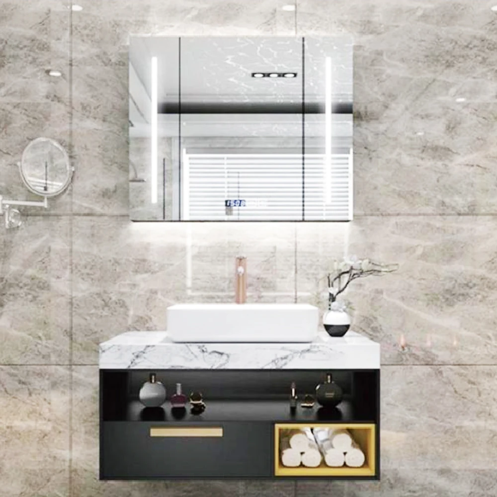 Home Decoration Rectangle Shape Mirror Hotel Room Full Length Dressing Golden Frame Smart LED Bathroom Wall Mirrors with Light