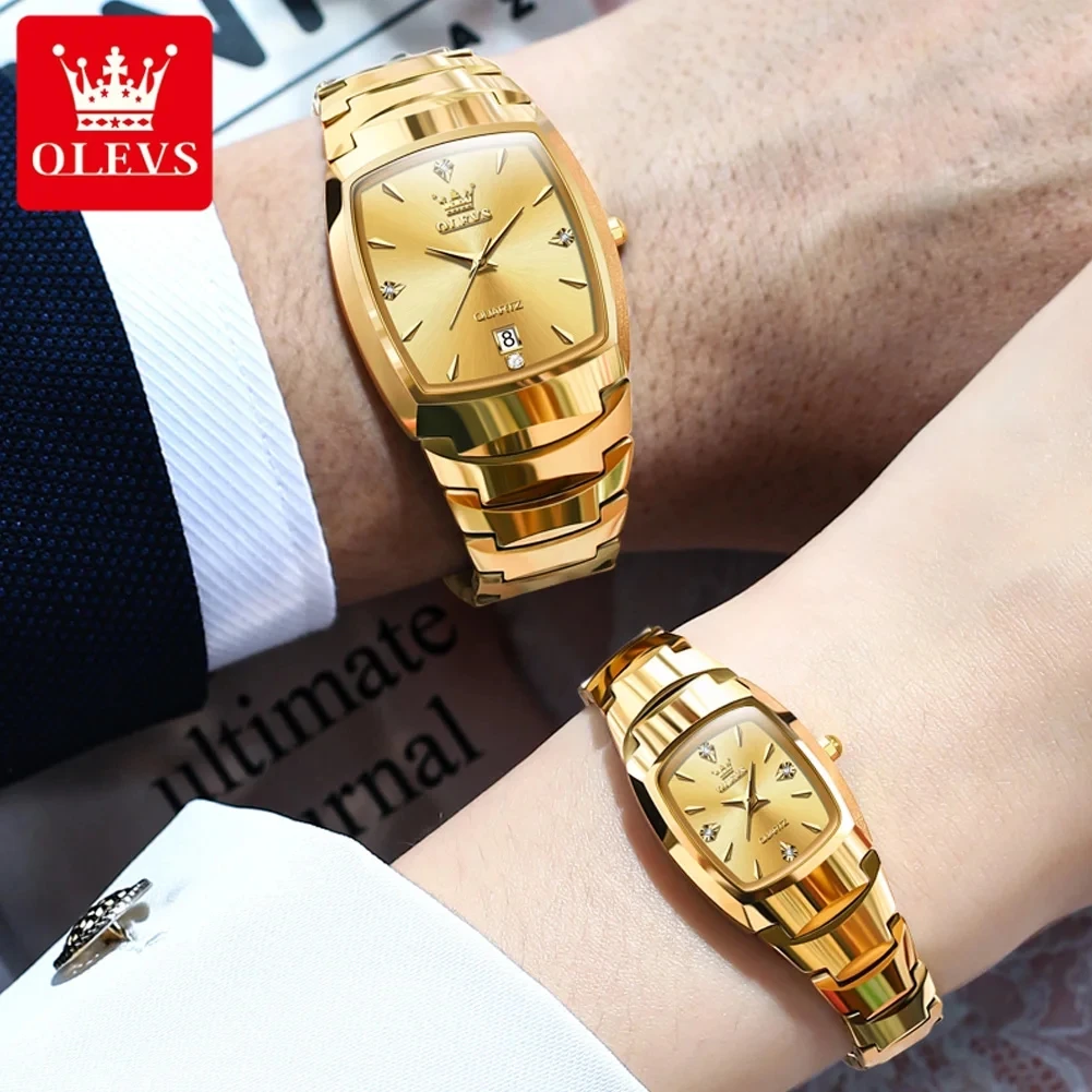 OLEVS 7006 Brand Tungsten Steel Strap Women and Men Couple Watch Original Luxury Golden 3ATM Waterproof Wristwatch Reloj Watches