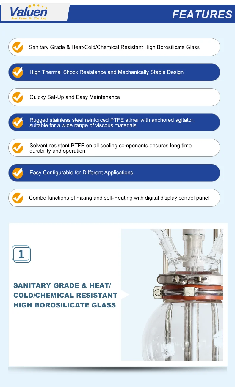 Valuen 5L  Bioreactor Glass Reactor 100l Single Layer Glass Reactor Jackless glass reaction kettle