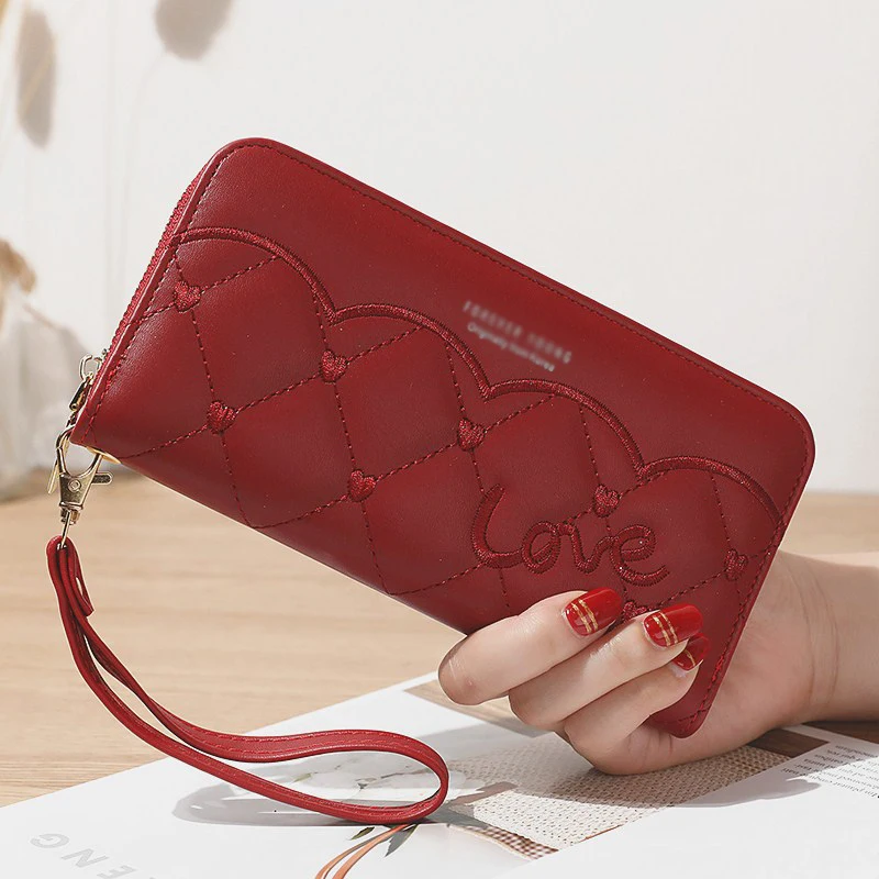 Long fashion Clutch bag embroidered love heart decorative zipper leather women clutch wallet