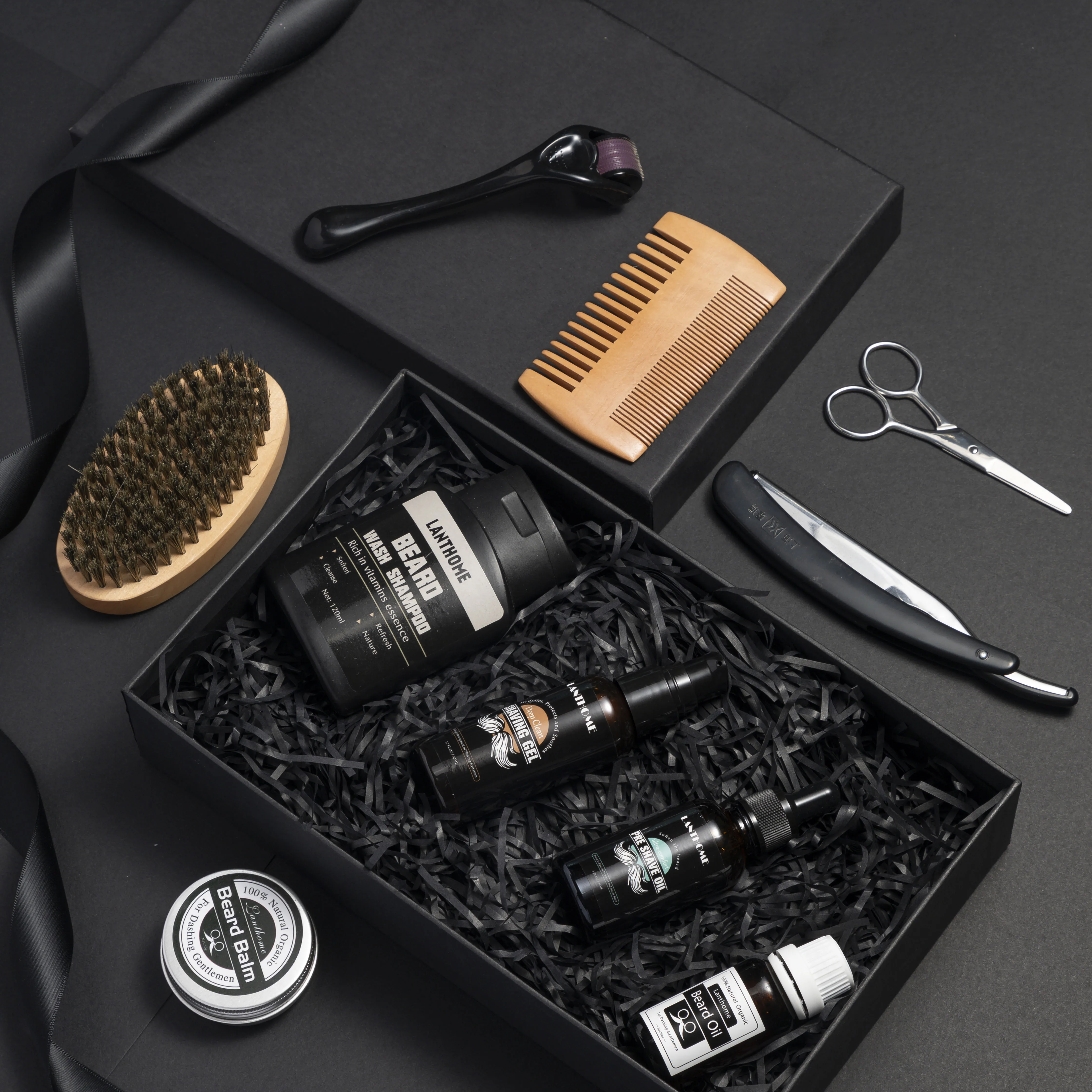 LANTHOME Men Organic Beard Oil Balm Moustache Wax Styling Beeswax Moisturizing Smoothing Gentlemen Beard Care Grooming Kit