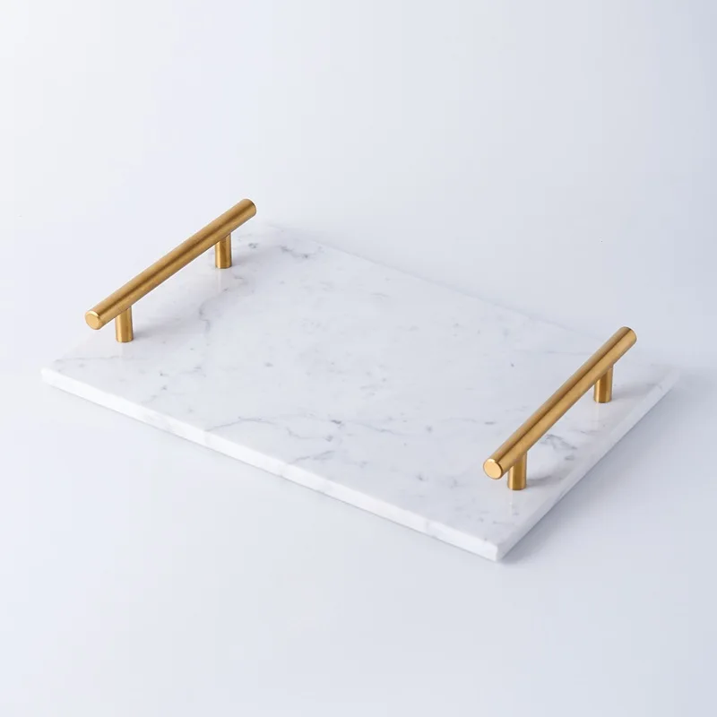 In Stock Hot Selling Rectangular Small Green Grey Hotel Indoor Table Marble Trays With Metal Handle