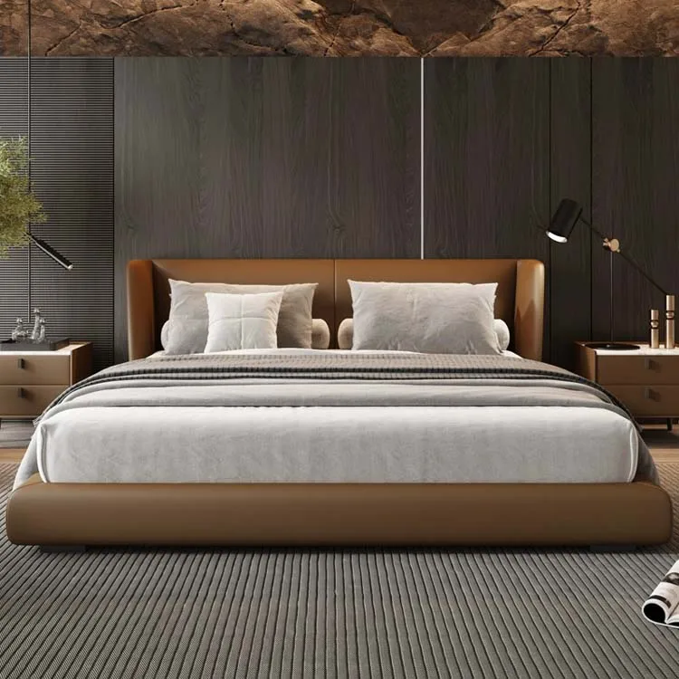 Luxury Bedroom Furniture Genuine Leather King Size Bed Modern Bed Home Queen Double Solid Wood Frame Bed