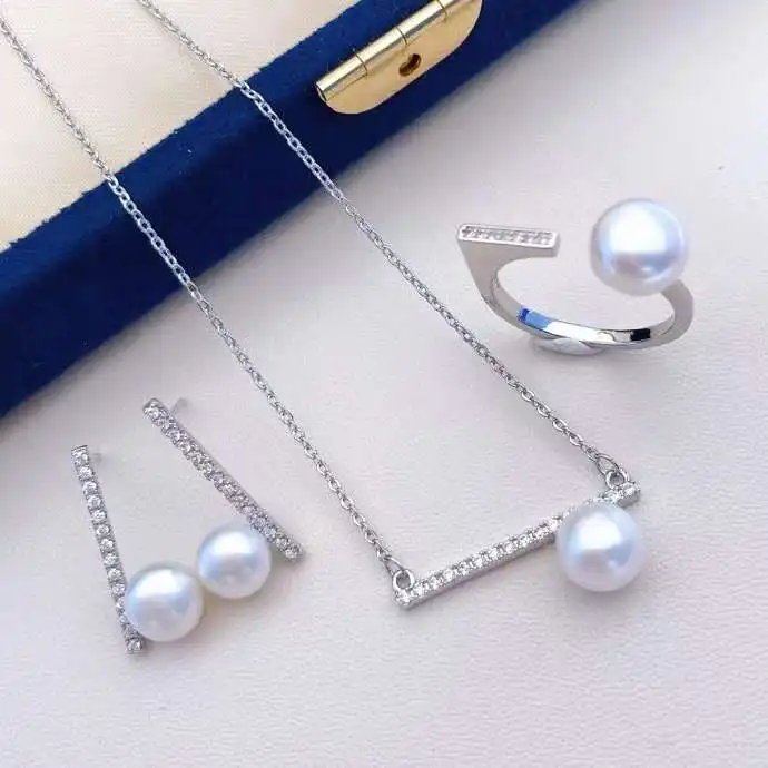 Large brand matching suit Classic necklace earring ring set Natural freshwater pearl necklace earring ring jewelry set