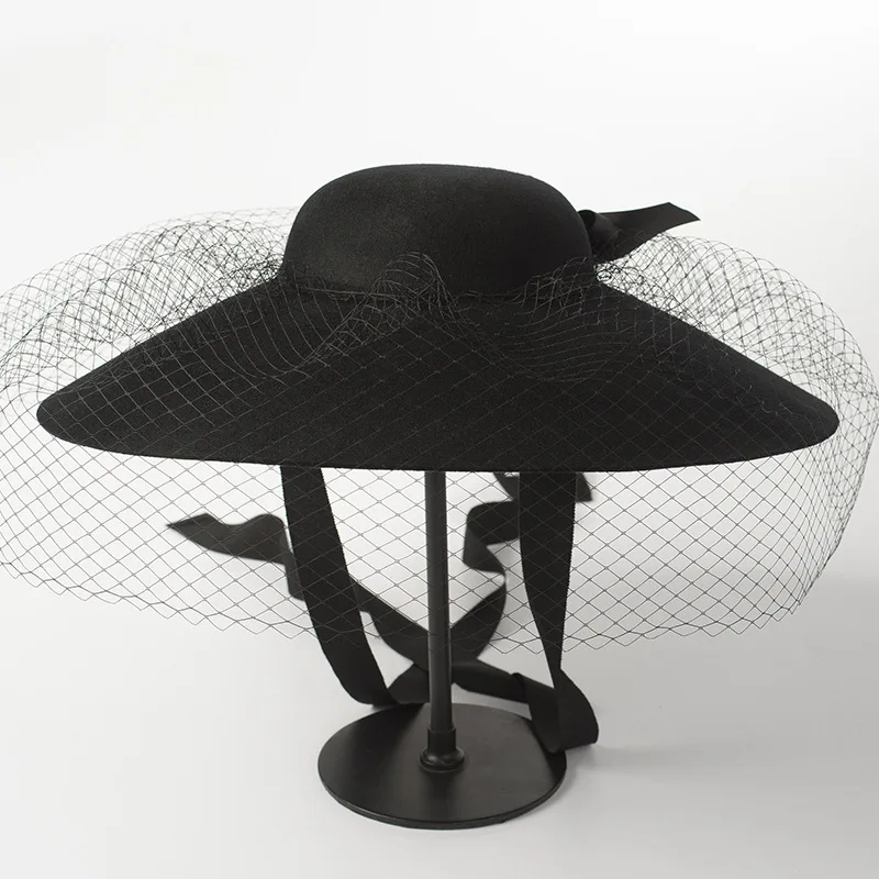 black Womens Wool Felt Floral Veil Netting Feather Wide Brim Derby Hat