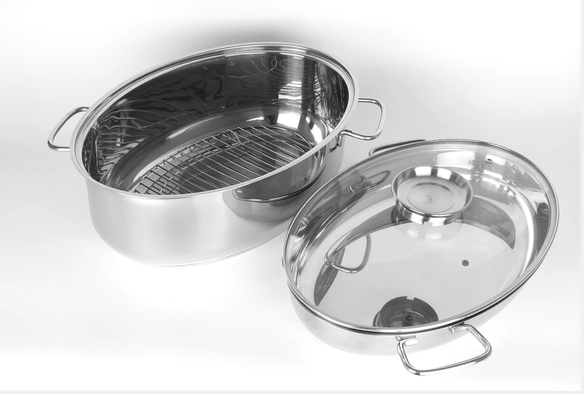 Oval Stainless Steel Turkey Roasting Pan with Encapsulated Bottom 4PCS  in One Set