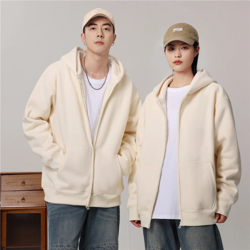 Wholesale High Quality 500Gsm Heavyweight  Cotton Zipper Up Fleece Hoodies with Pockets for Men