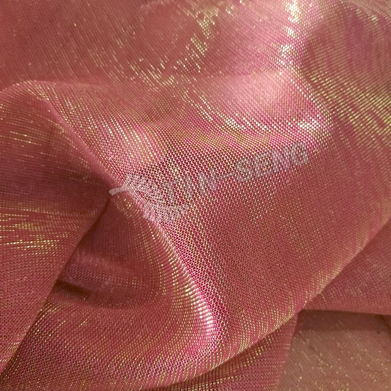 Coral Poly Knit Mesh Fabric with Silver lurex