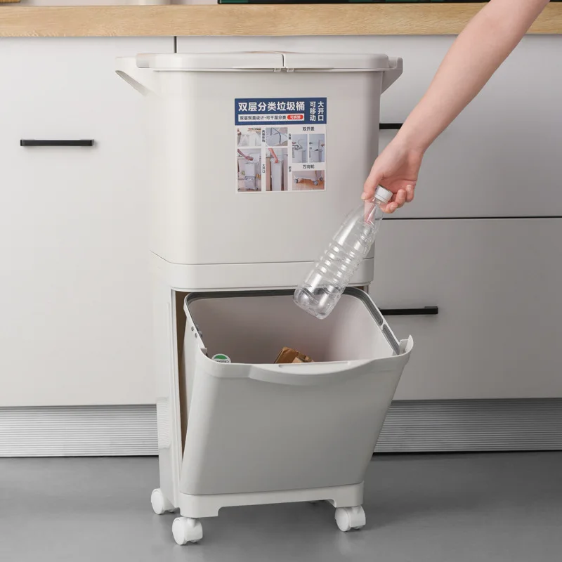 Kitchen Double-layer Rectangular Dustbin Plastic Wheeled Recycle Waste Bin Trash Can with Lid for Sale