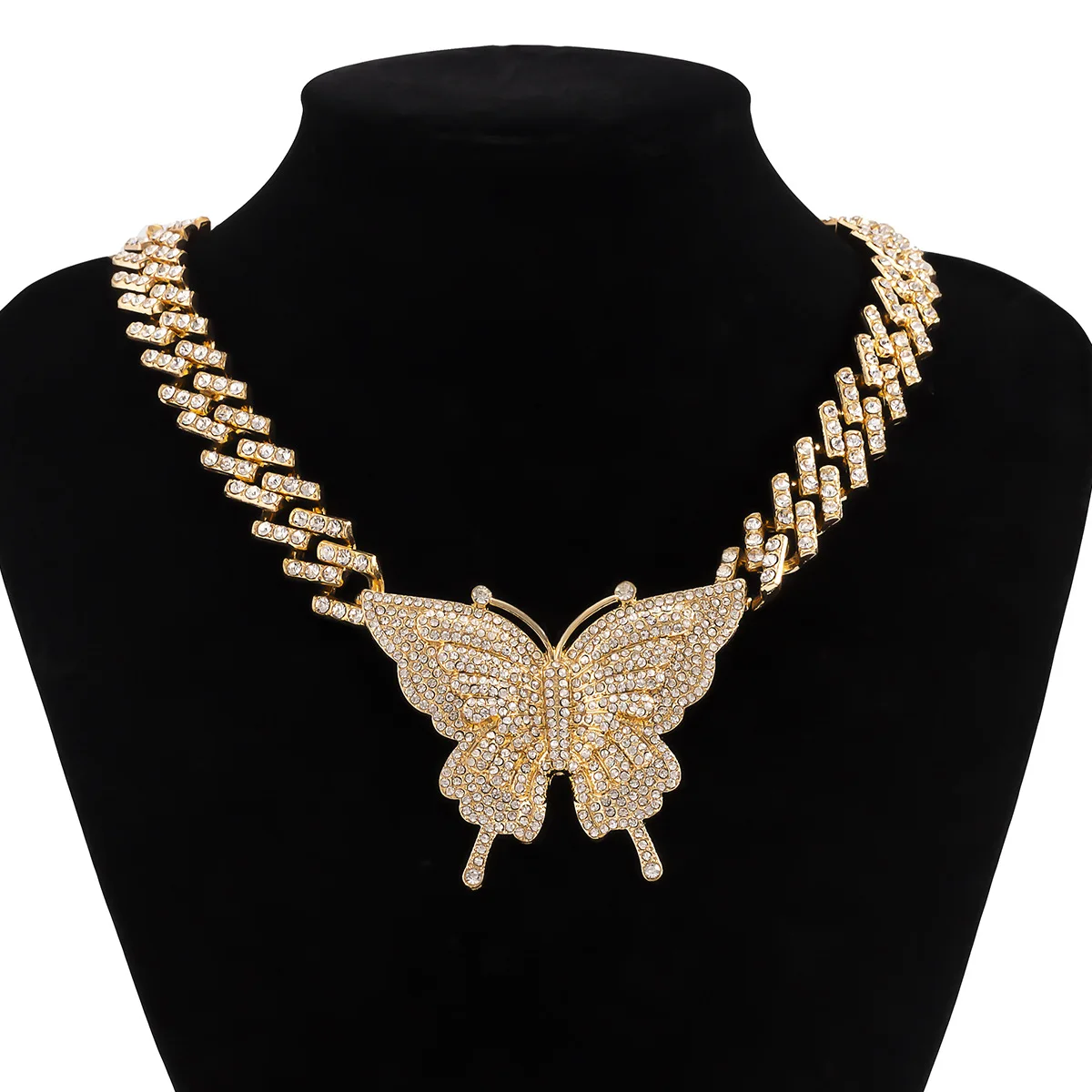 Butterfly Necklace Luxury Rhinestone Full Diamond Cuban Link Chain Hip Hop Chain Girls Fashion Jewelry Charm Choker