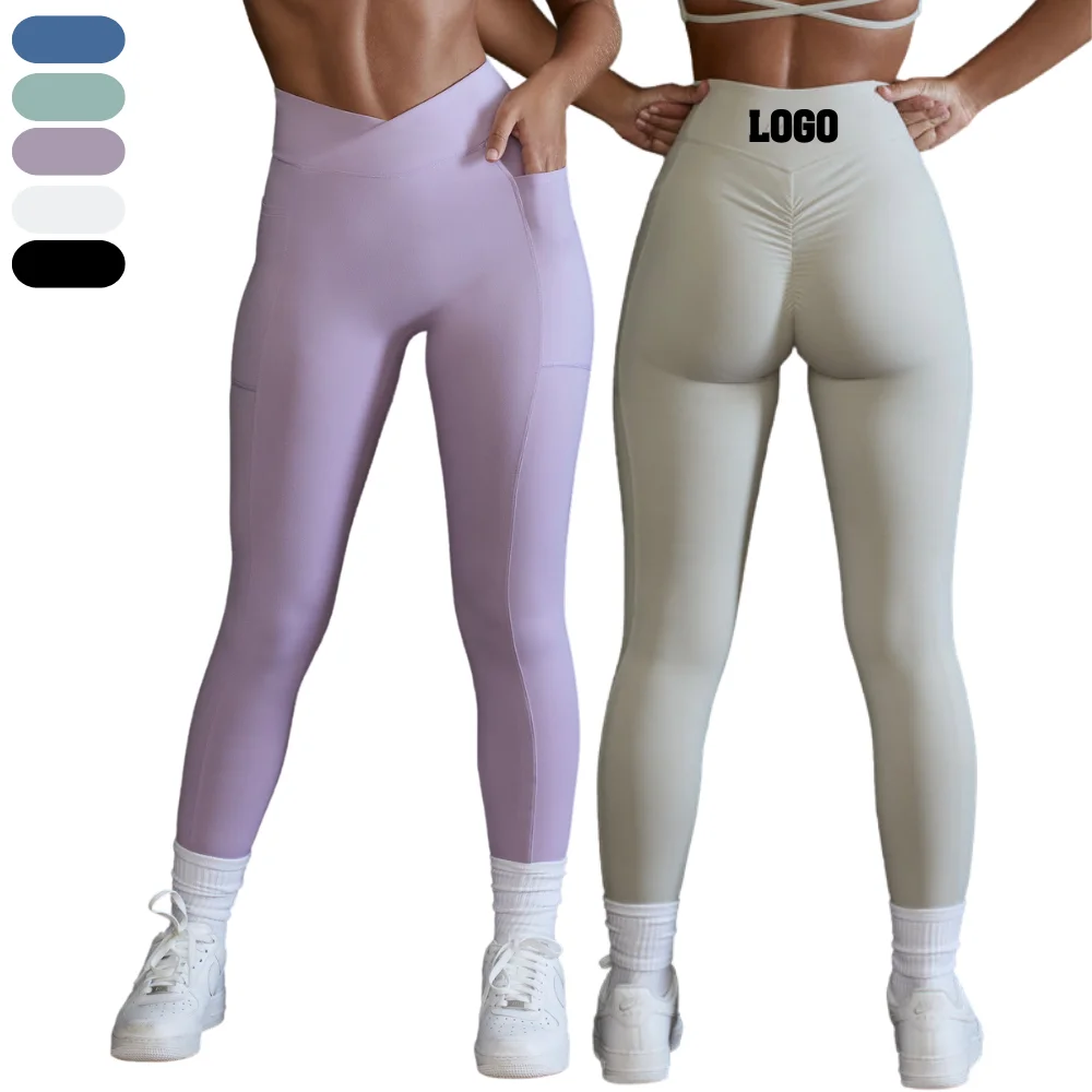Women High Waist Gym Push Up Pockets Yoga Pants Workout Sport Scrunch Butt Crossover Waist V Cut Yoga Leggings