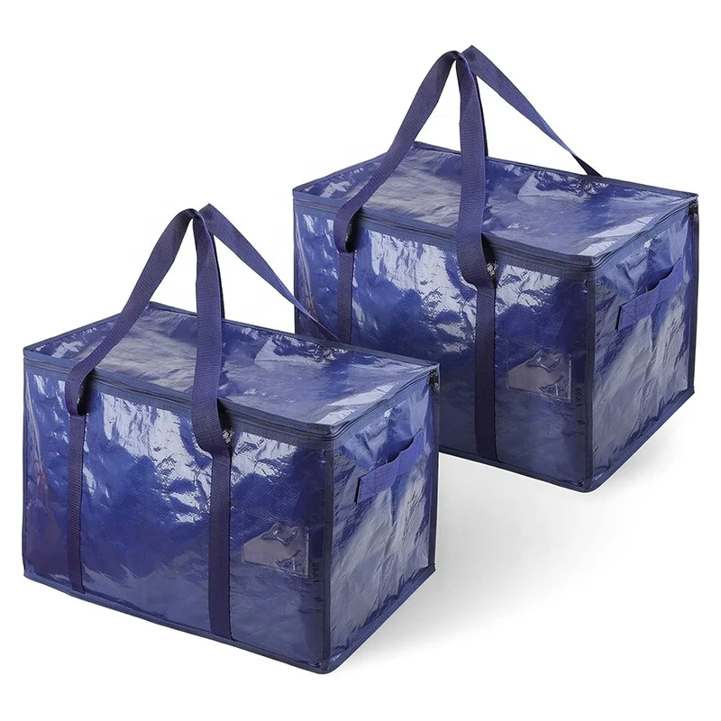 90L Blue Large PP PE Reusable Bag Laundry Bag Storage Bag Hamper with PVC Slot for Laundry Moving House Shopping Storage Travel