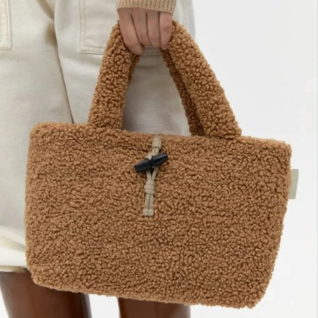 Customized Teddy Cloth Tote Bag Fashionable Portable Reusable Colorful Soft Lambswool Flannel Bag Cloth Lining Tote Bag