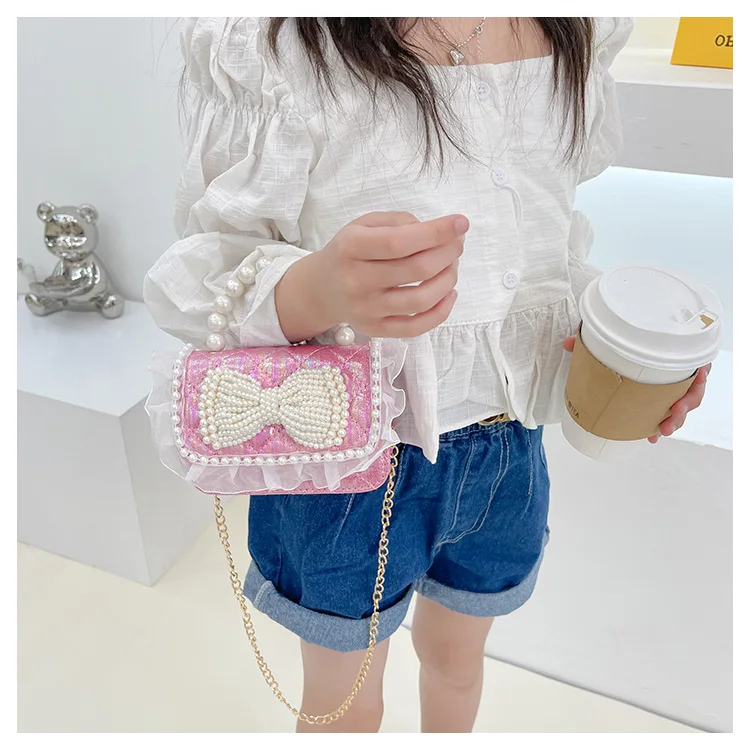 JOWYAR Fashion Girls Mini Handbags Pearl Chain Crossbody Bag For Girls Shoulder Bags Candy Colors bowknot Jelly Bag Kids Girls