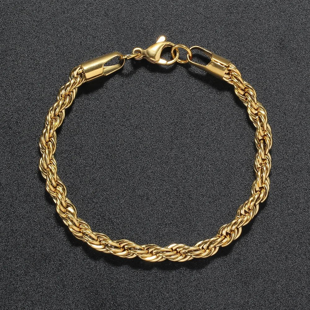 DAIHE Wholesale 18K Gold Plated Stainless Steel Fashion Waterproof Jewelry 5MM Thick Twisted Rope Chain Bracelet Women