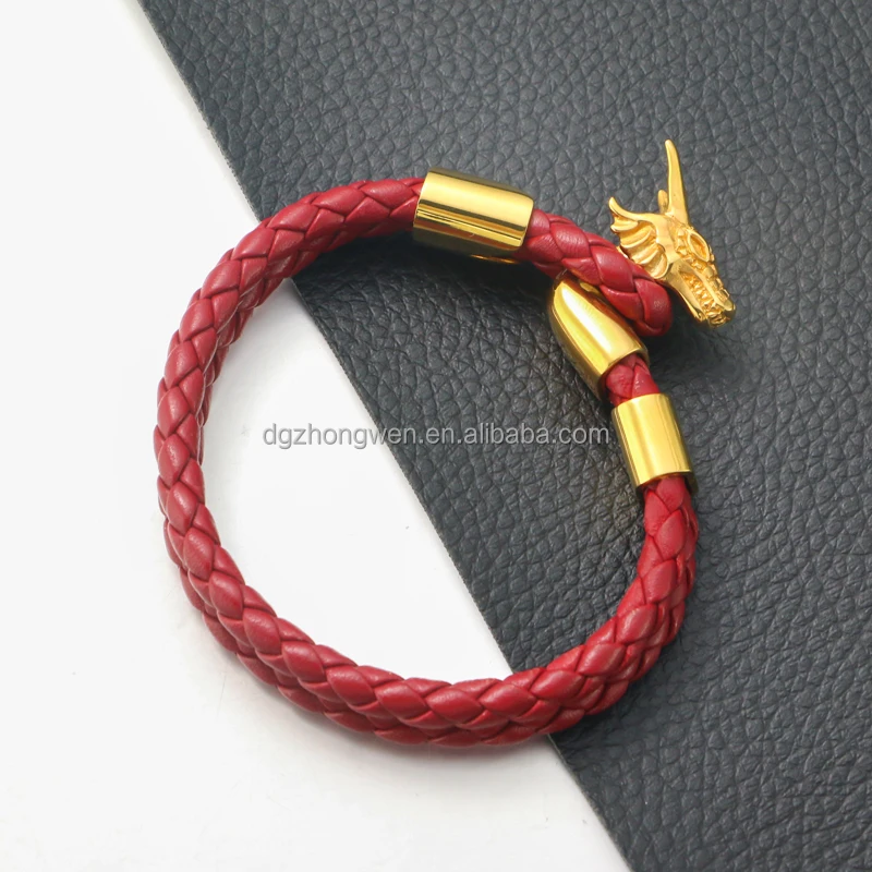 High Grade Dragon Head Punk Style Stainless Steel 18K Gold Plated Clasp Braided Leather Bracelet for Men