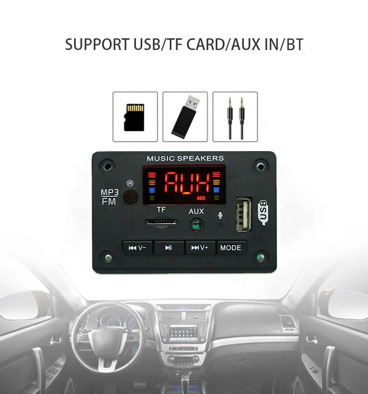 Wireless Bluetooth MP3 Player Modules USB MP3 Decoder Board 12V Black Square Panel