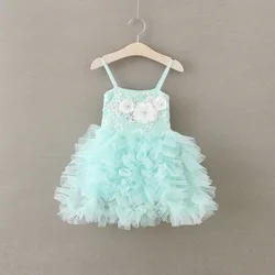 2022 New Casual Sleeveless Halter Applique Flower Lace Kids Girl Dresses