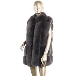 wholesale custom fashion soft fluffy 80cm long dark grey real fox fur vest for women