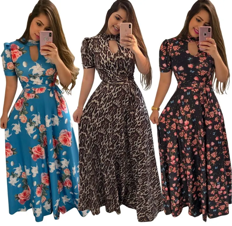2022 Professional Custom Women Summer Fashion Plus Size Print O Neck Short Sleeve Loose Long Dresses