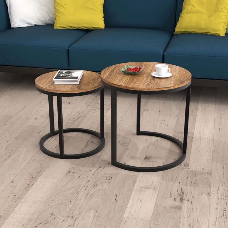 Modern living room luxury stainless steel legs round two wooden nesting center coffee table set