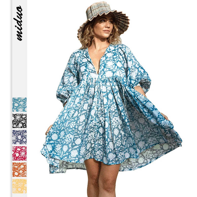 Hot Sale Womens Casual V Neck Summer Half Sleeve Bohemian Floral Mini Short Dresses