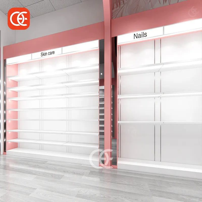 Pink Cosmetic Store Design Beauty Hair Products Display Shelves For Retail Store With Light Beauty Supply