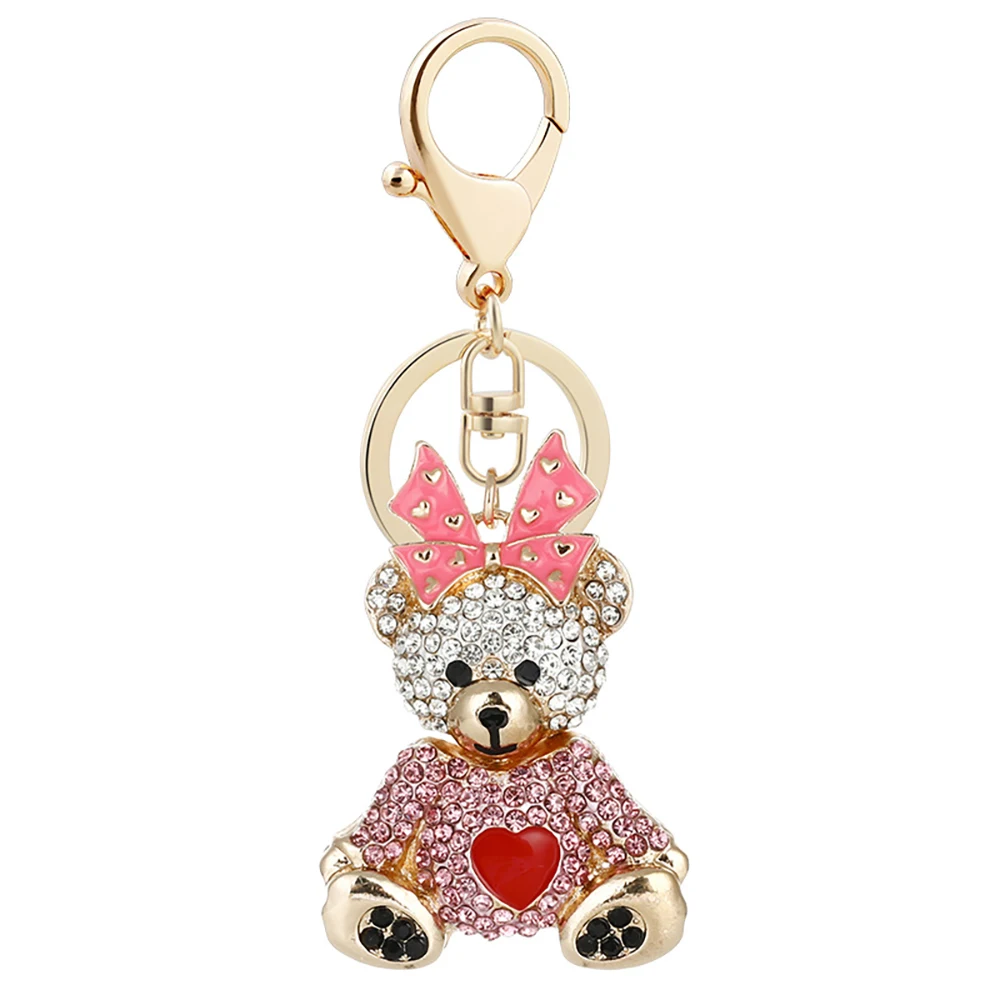 Custom Creative Bear Pendant Light Keychain Rhinestone Crystal Handbag Decorative Metal Keychains with Bow
