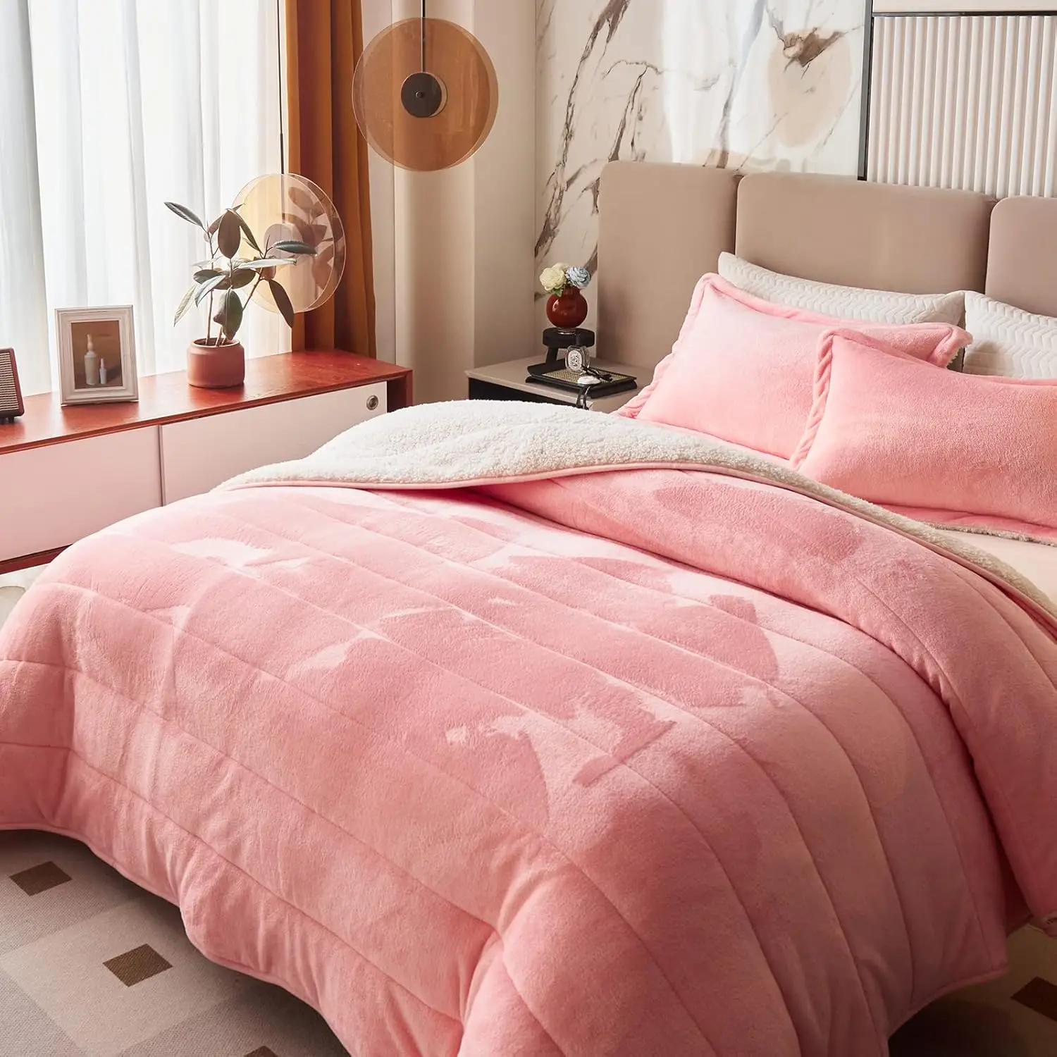 3-Layer Luxury Flannel Fleece Thick Bed Blanket King Size Blush Pink, Soft Plush Velvet Sherpa Blanket