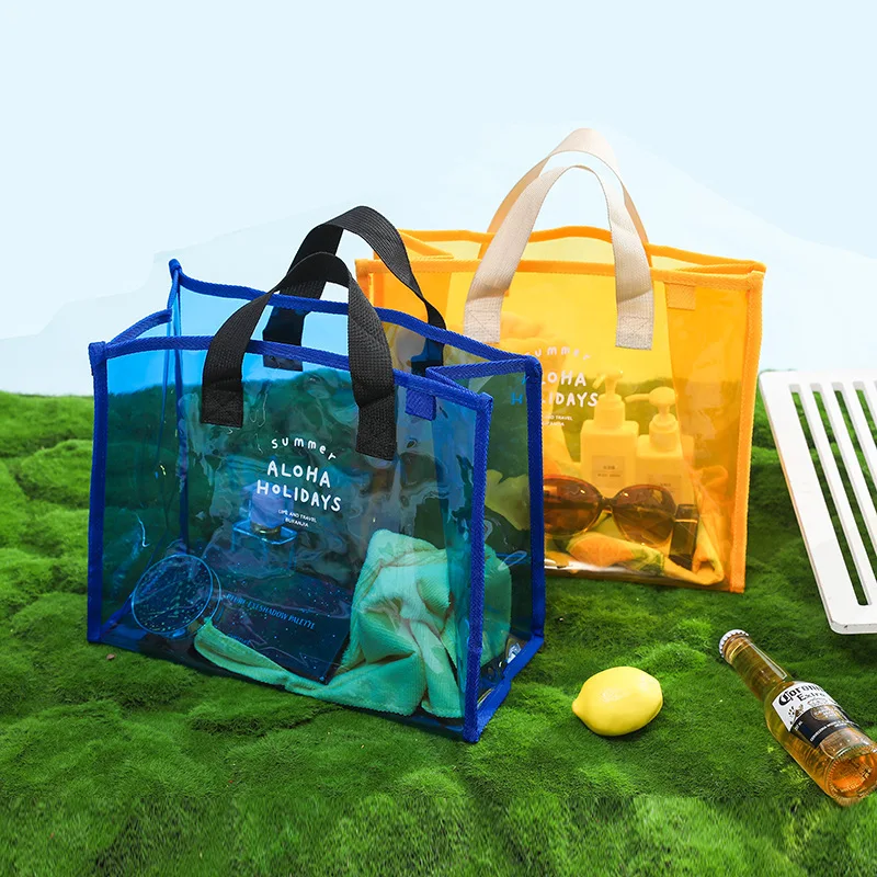 Transparent PVC Jelly Beach Shoulder Bag Clear Plastic Tote Bags Two Handles Open Thread Logo Travel Shopping Gifts Summer Use