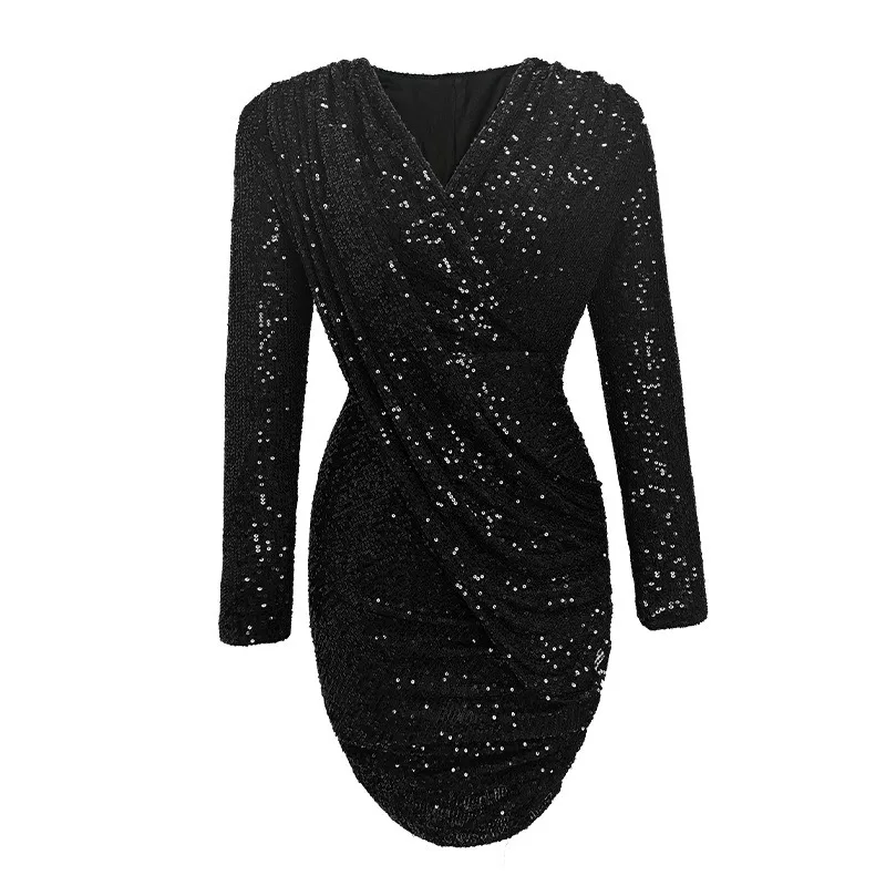 ZYHT 5609 Popular Design 2023 Sequins Dress V Neck Stylish One Piece Women Club Party Mini Bodycon Dresses