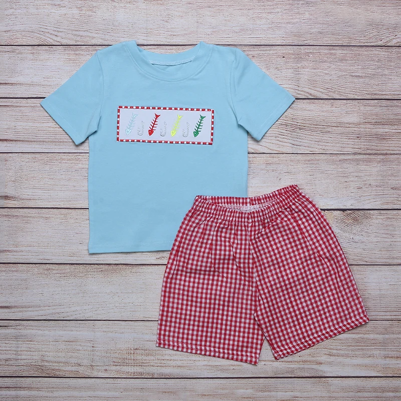 RTS No MOQ Wholesale Boutique Kids Clothing Baby Boys Clothes Sets train Embroidery T-Shirt With Shorts 2Pcs Outfit Super Soft
