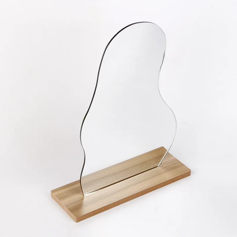 Minimal Home Decor Decorative Desk Tabletop Irregular Frameless Aesthetic Acrylic Vanity Mirror with Wood Stand for Living room