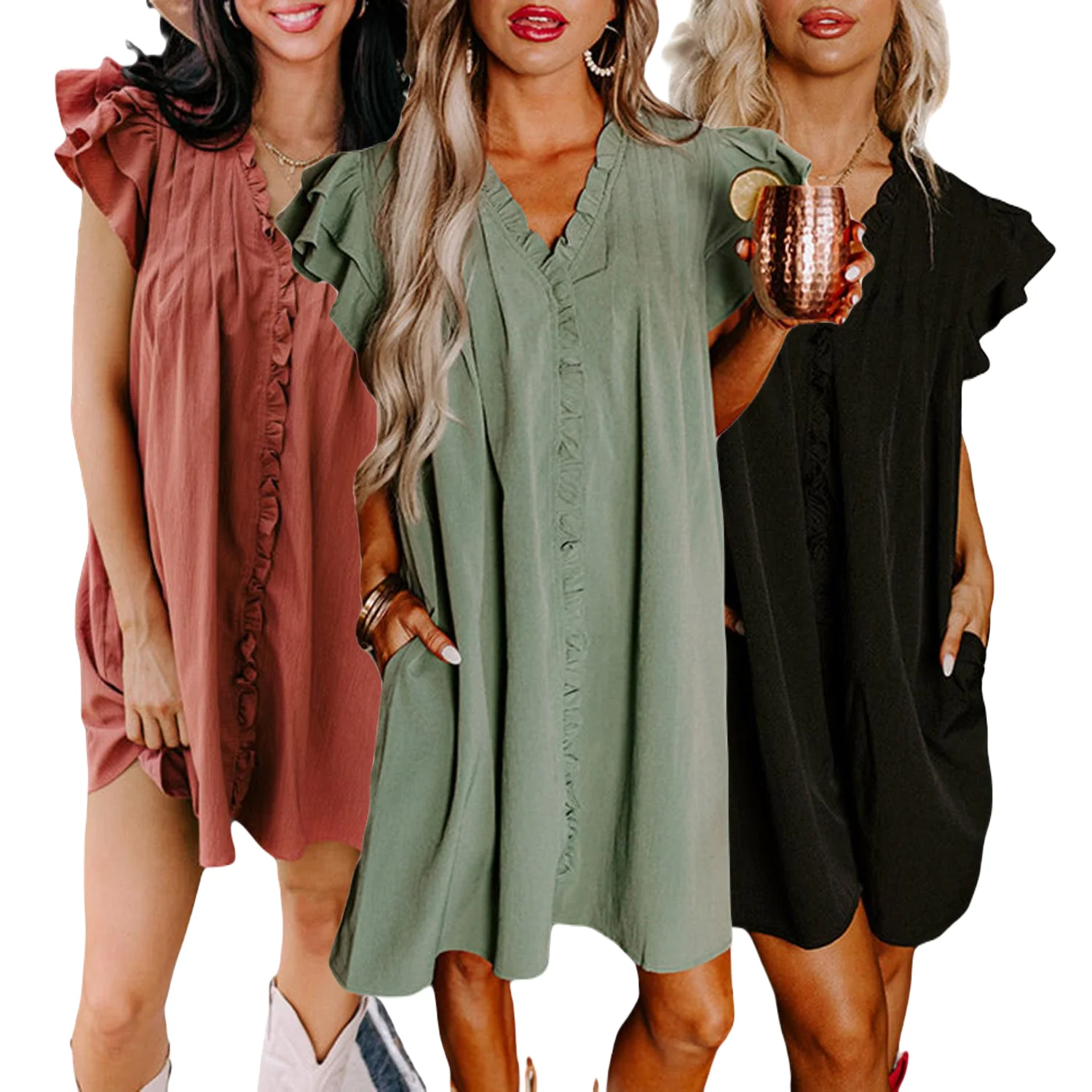 Hot Selling Products 2024 Round Neck Black Mist Green Ruffle Sleeve V Neck Frilled Shift Dress