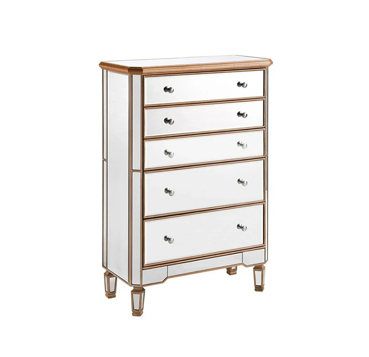 Nordic Modern Silver Mirror Glass Tallboy Dresser Cabinets Chest of 5 Drawers of Bedroom