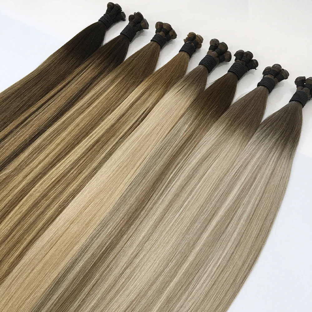 Haiyi Thick Ends Thin Straight Skin Hair Weft Extensions Blonde Double Drawn Machine Tied Genius Weft