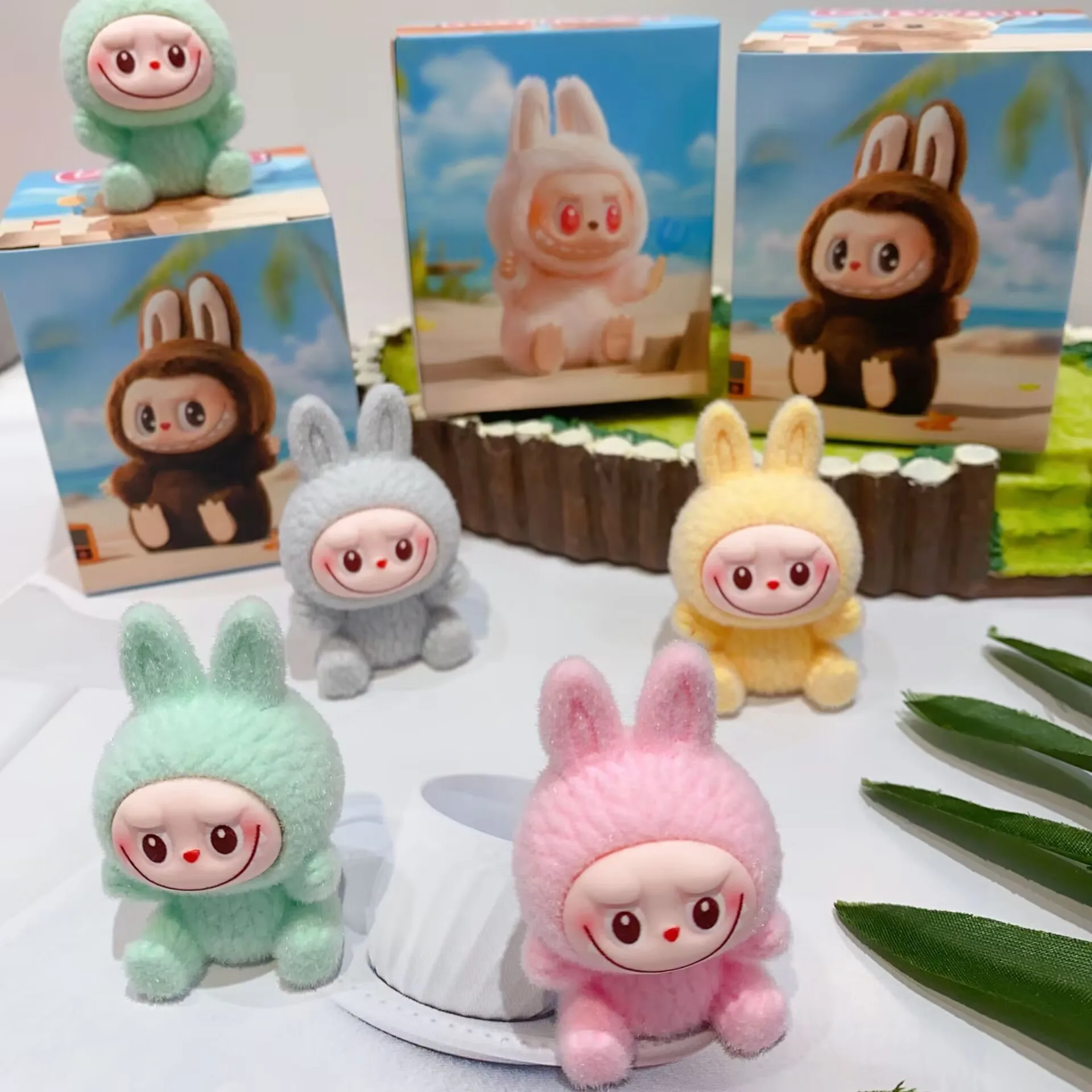Yubon 12pcs New Cartoon Flocking Labubu Doll Figure Blind Box Cute Mini Doll Desktop Ornament Trendy Model