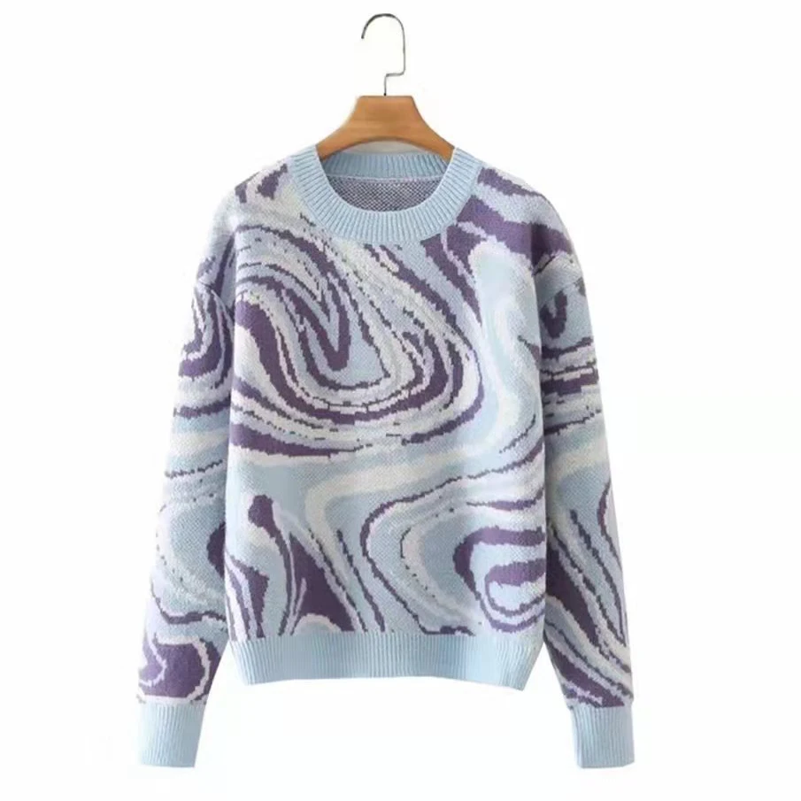 RTS Wholesale Wholesale Custom Sweater Fashion Women Lady Long-sleeve Pattern sweater Knitted Loose Round Neck Sweater for Women