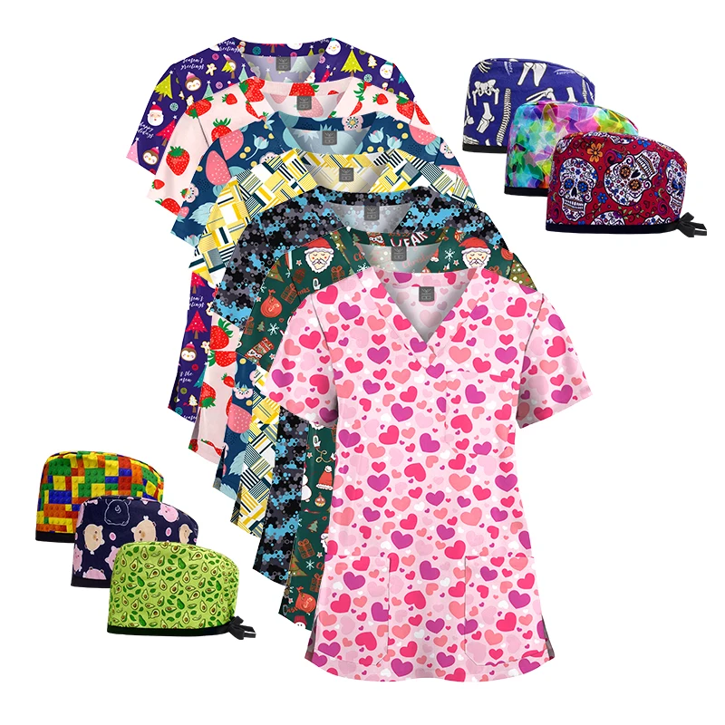 2024 Top Quality Christmas Pattern Lovely Women Nursing Scrubs 100% Cotton Polyester Fabric With Best Style Nursing Scrubs Shirt