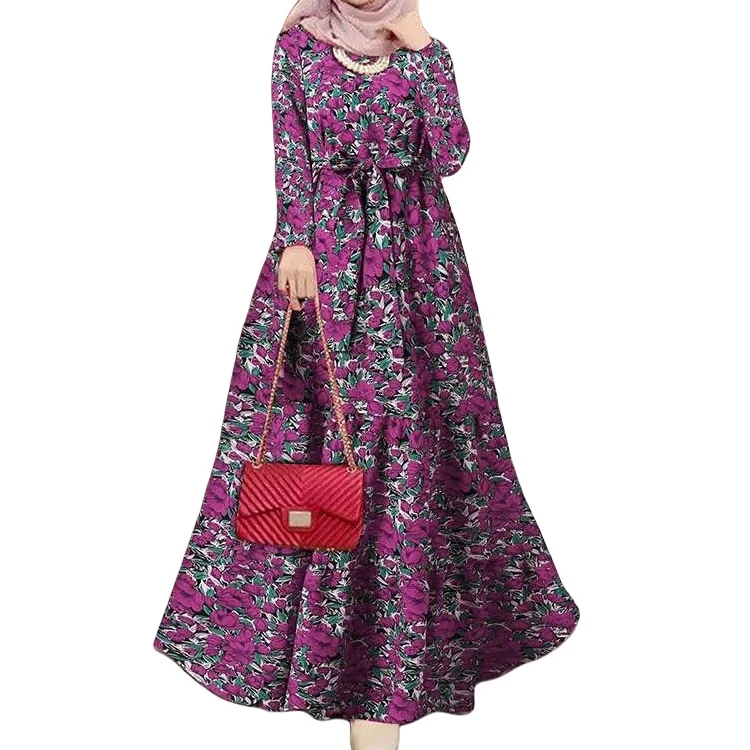 Floral printing loose waist swing dress with belt modest dress abaya burqa kaftan Muslim clothes Veiling clothing